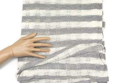 Gray and Off White Stripe Pointelle Open Weave Sweater Knit Fabric Extra Wide by the yard OSK00360R